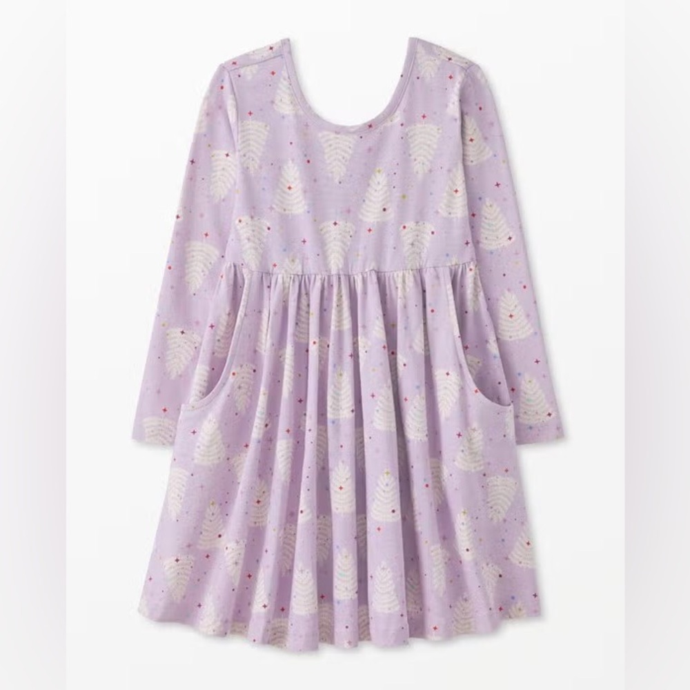 NWT Hanna Andersson LS Skater Dress Pockets, Sparkly Trees Purple, Size 110‎